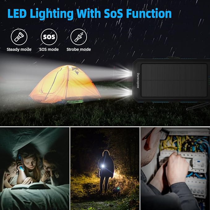 Solar Charger Power Bank 20,000mAh, Portable Charger, 4 Cables 3 Ports Fast Charging External Battery Pack with USB C for Cell Phones, Solar Panel Charger with Dual Flashlight for Camping