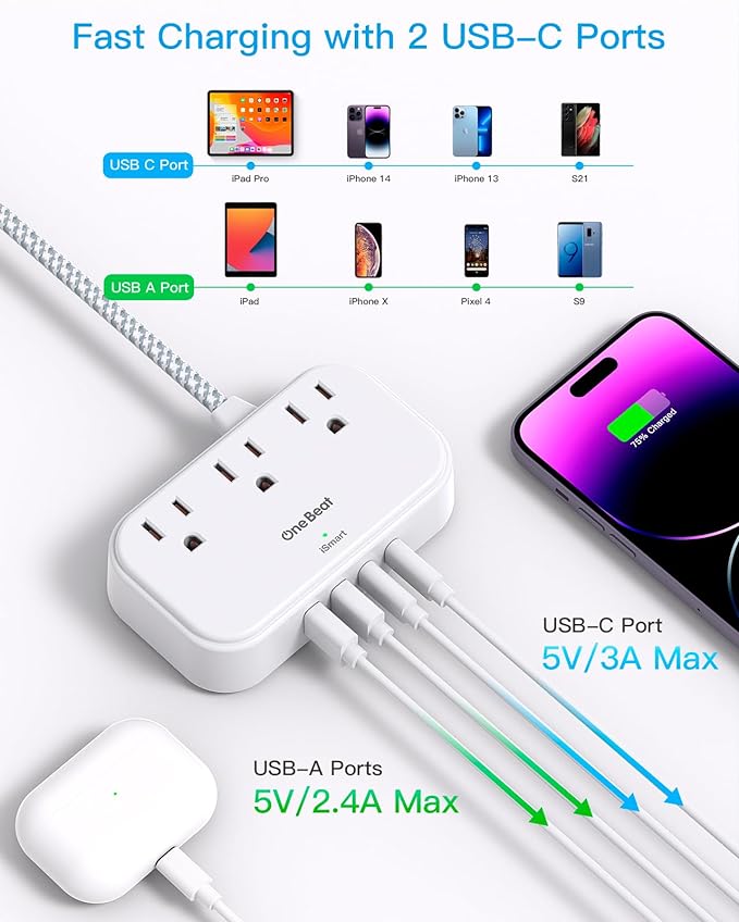 One Beat 1 Pack Cruise Essentials,5 Ft Flat Extension Cord, 3 Outlets 4 USB Ports(2 USB C) Flat Plug Power Strip,USB Charging Station with Non Surge Protector for Cruise Ship,Travel,Dorm Essentials