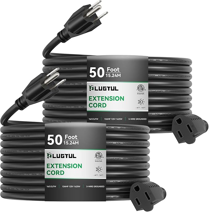 PLUGTUL 2-Pack Extension Cord 50 FT, 16/3 Outdoor Extension Cord Waterproof, Heavy Duty 3 Prong Extension Cord Black, 13A 1625W SJTW, ETL Listed, Great for Garden and Home