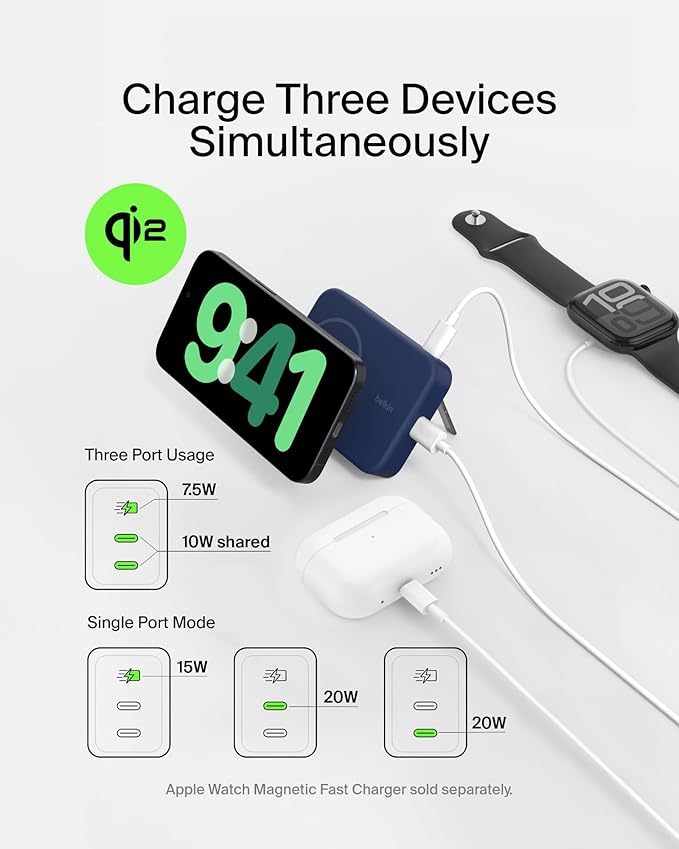 Belkin Portable Charger, Wireless Power Bank 15W 10000 mAh w/ Qi2, MagSafe Charger + Built-in Pop-up Kickstand - Compatible w/iPhone 17, Air, Pro, Pro Max, Google Pixel 10, etc. - Blue