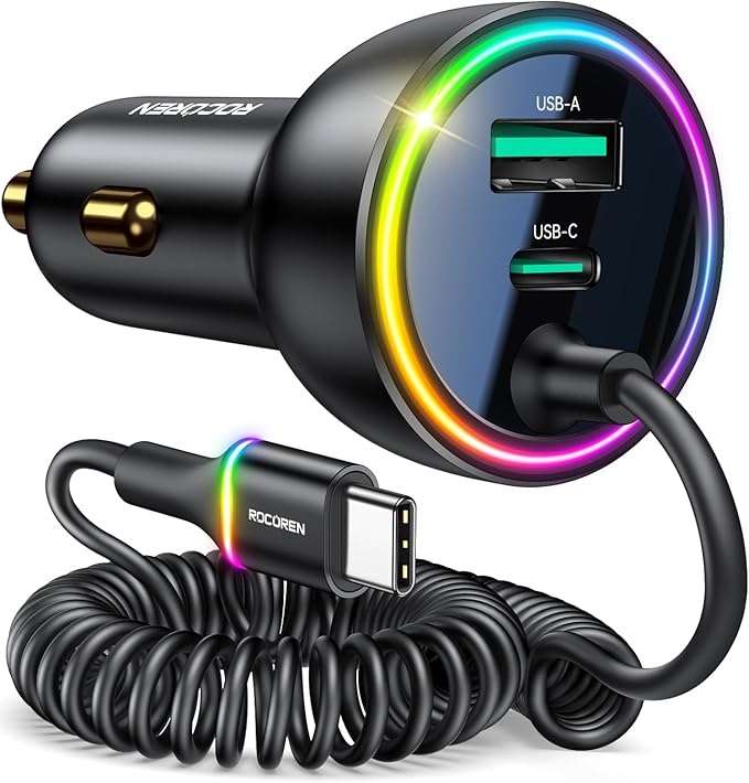 Rocoren 70W Car Charger for iPhone 17/16 Pro Max, USB C Car Charger Fast Charging with 8.2Ft Type C Coiled Cable, Super Fast Cigarette Lighter USB C Phone Adapter for iPhone 15, iPad, Samsung, Android
