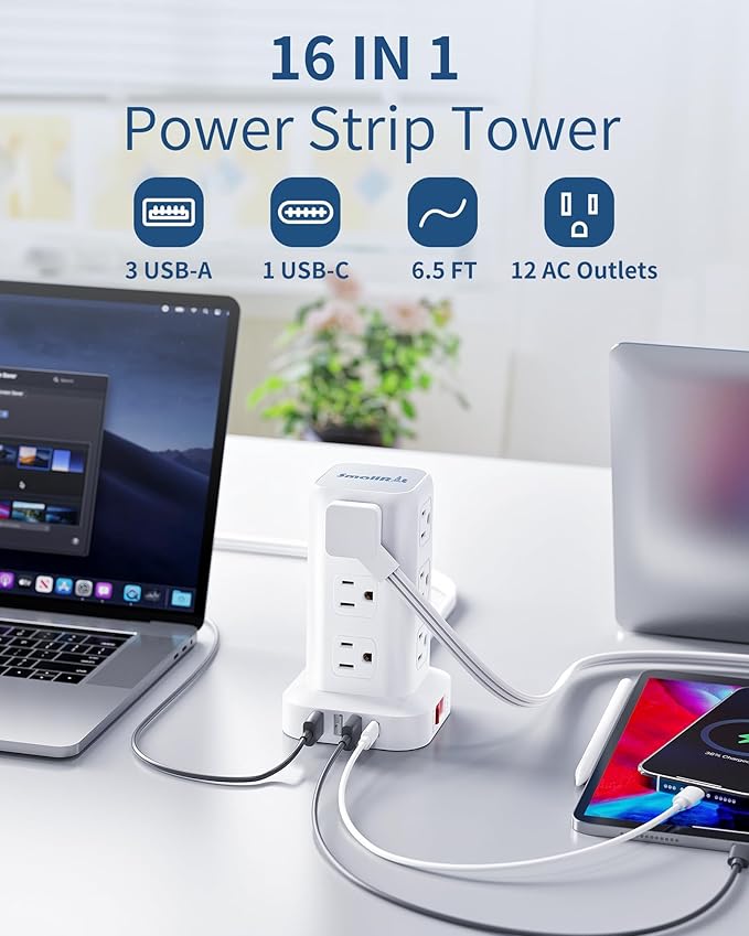 Power Strip Tower, 6.5 Ft Flat Plug Extension Cord, 16 IN 1 Power Bars with Surge Protector, Power Tower Bar with 12 AC Multiple Outlets 4 USB (1 USB C),for Home Office Desk