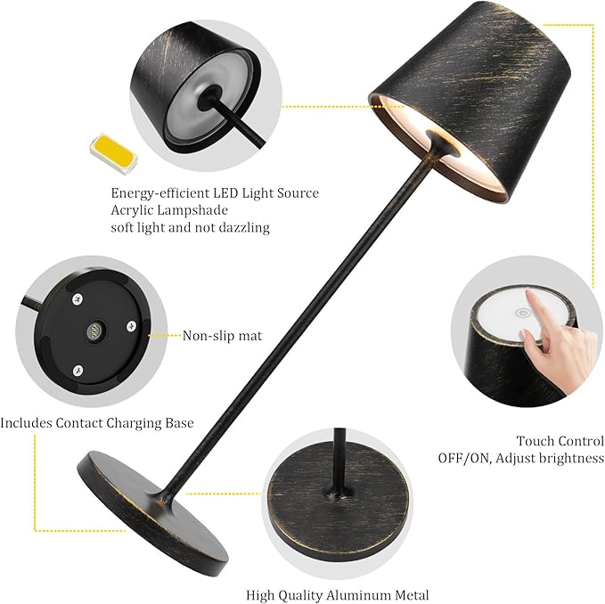 Ralbay IP54 Aluminum Cordless Rechargeable Table Lamp LED Modern Battery Operated 4800mAh Waterproof Portable Stepless Dimmable Desk Lamp for Restaurant/Bedroom/Camping/Outdoor (Black Brush Gold)