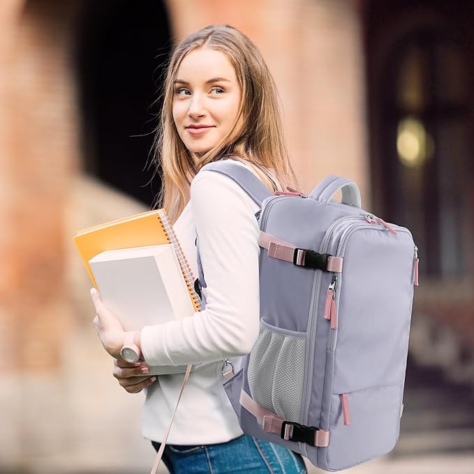 Hanples Large Travel Backpack for Women as Person Item Flight Approved, Waterproof 35L Carry On Backpack, 17 Inch Laptop Backpack for Business Bag with 2 Toiletry Bags (Gray Purple)