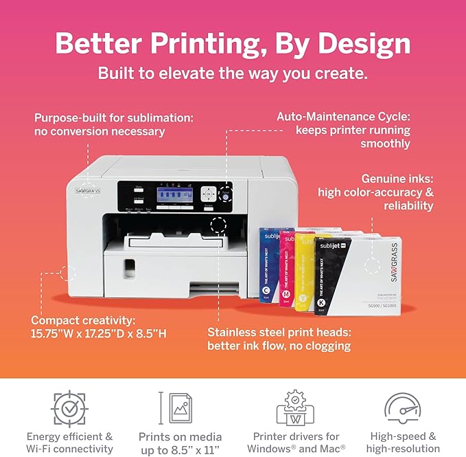 Sawgrass SG500 Sublimation Printer Bundle | Includes Professional Dye-Sublimation Printer with 31mL SubliJet UHD Inks & TruePix Sublimation Paper | Wi-Fi Connectivity | Create Custom Designs