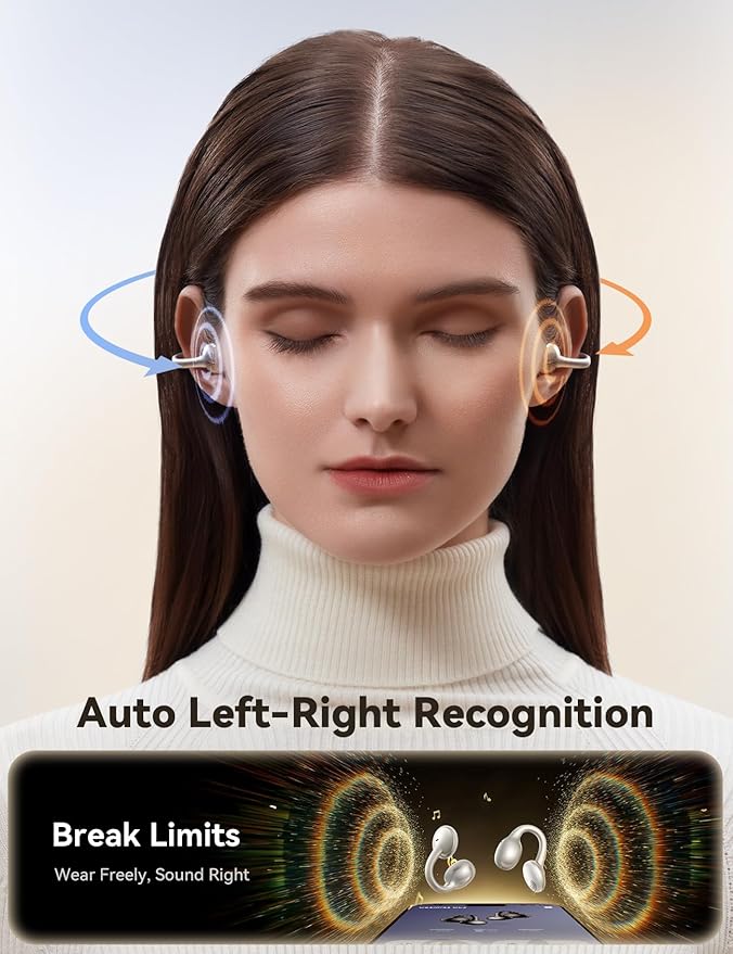 JOYROOM OE3 Open Ear Earbuds, Wireless Clip On Earbuds Headphones, Auto L-R Recognition, Omni Tap Control, Immersive Sound, Ultra-Light 4.9g Fit, Comfortable for Workouts and Daily Use, (Silver White)