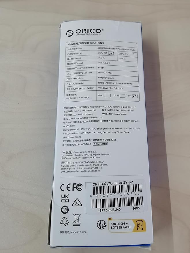 ORICO Aluminum 7-Port USB Hub with 1.64Ft Cable, Multiple USB 3.0 Hub, 5Gbps Data Transfer, 5V 3A Type-C Port, UBS-A Splitter for PC, Laptop, Desktop