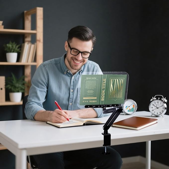 ASIEIT Book Stand with Clamp, Acrylic Desk Clamp Book Holder, 360° Cookbook Stand for Kitchen, Recipe Book Stand, Height and Angle Adjustable, Foldable and Portable for Office, Bible,Magazine,Laptops