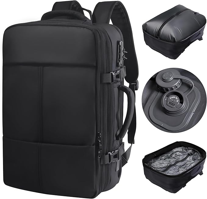 Vacuum Backpack Travel,80L Exapandable Air Compression System,Water Resistant & TSA Anti Theft,Strong Sealing,Available for boarding, Ideal for Travel/Laptop, Black(Vacuum Pump Included)