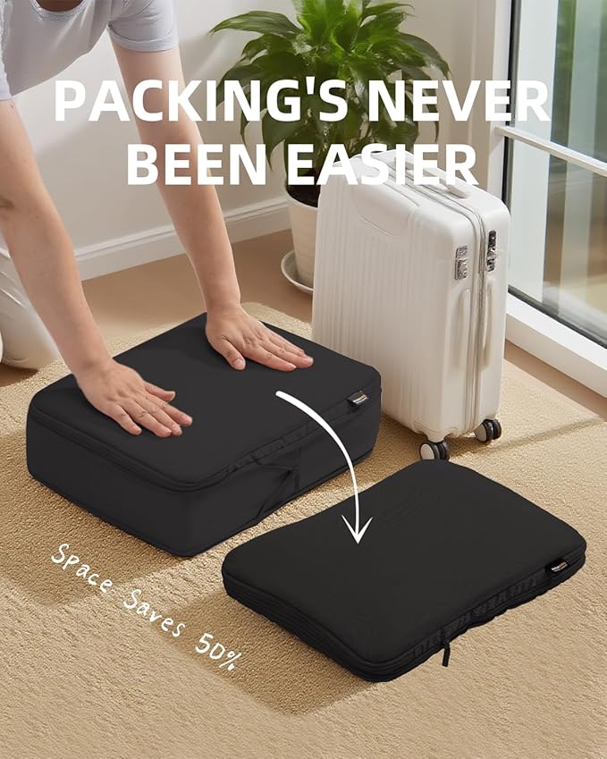 6 Set Compression Packing Cubes for Travel, Large Medium Small Luggage Organizers (Jet Black)