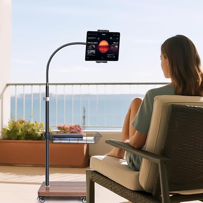 Adjustable Floor Tablet Stand with Rolling Base, Flexible Gooseneck Mount, Wood Platform, Mobile Device Holder for Indoor Use
