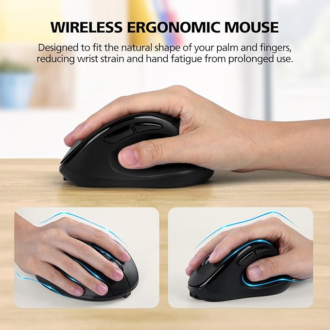 Bluetooth Wireless Mouse Ergonomic Vertical for Laptop Computer Macbook iPad Tablet Rechargeable Silent Click USB Carpal Tunnel Right Hand Compatible with Windows iOS Mac OS Android Black