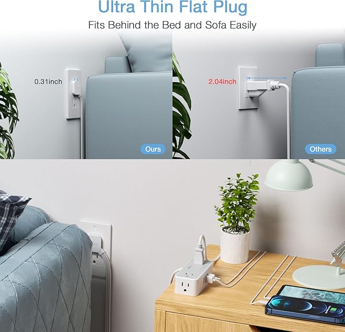 Ultra Thin 5FT Flat Extension Cord, TESSAN Surge Protector Flat Plug Power Strip, 4 Wide Spaced AC Outlets 3 USB A, 900 Joules Protection, Suitable for Home Office Dorm