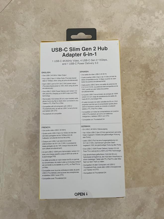 EZQuest USB-C Slim Gen 2 Hub Adapter 6-in-1 1 USB-C 4K/60Hz Video, 4 USB-C Gen 2 10Gbps, and 1 USB-C Power Delivery 3.0