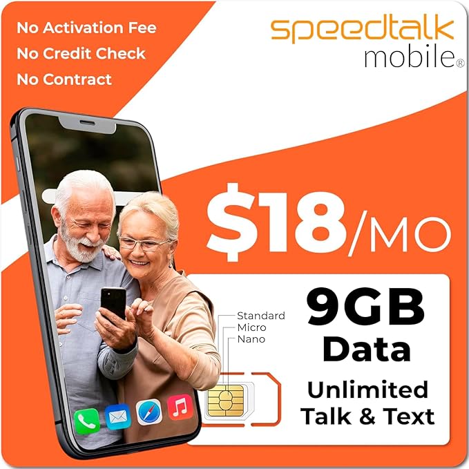 SpeedTalk Mobile prepaid | Senior Phone Plan | Easy Setup, No Contract, Nationwide Coverage | USA SIM Card Unlimited Talk & Text Data | Elderly Cell Phone Subscription Plan