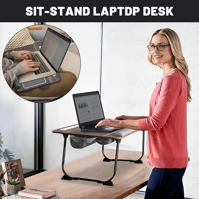 Lap Desk Bed Desk,17In Foldable Laptop Bed Tray Table with Mouse Pad,Wrist Rest and Adjustable Dual Cushion, Portable Wood Laptop Stand for Bed Sofa,Multifunctional Slot for Tablet & Phone