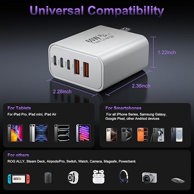 USB C Fast Wall Charger Block, 2Pack 60W USBC Phone Charging Cubes, 5-Port Type C Power Plug Adapter Multiport Brick Box for iPhone 17/16/15/14/13/12/11/Pro Max/Plus/Air, iPad mini/Pro,Galaxy S25/S24