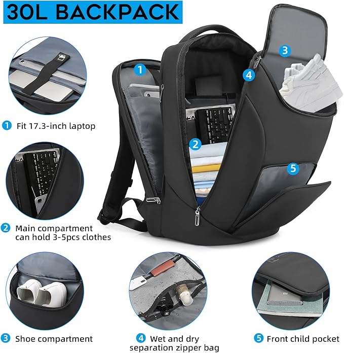 Anti Theft Business Backpack with TSA Lock, 30L Waterproof Laptop Backpacks with USB Charging Port Fits for 17.3 Inch Notebook for Men and Women, Black