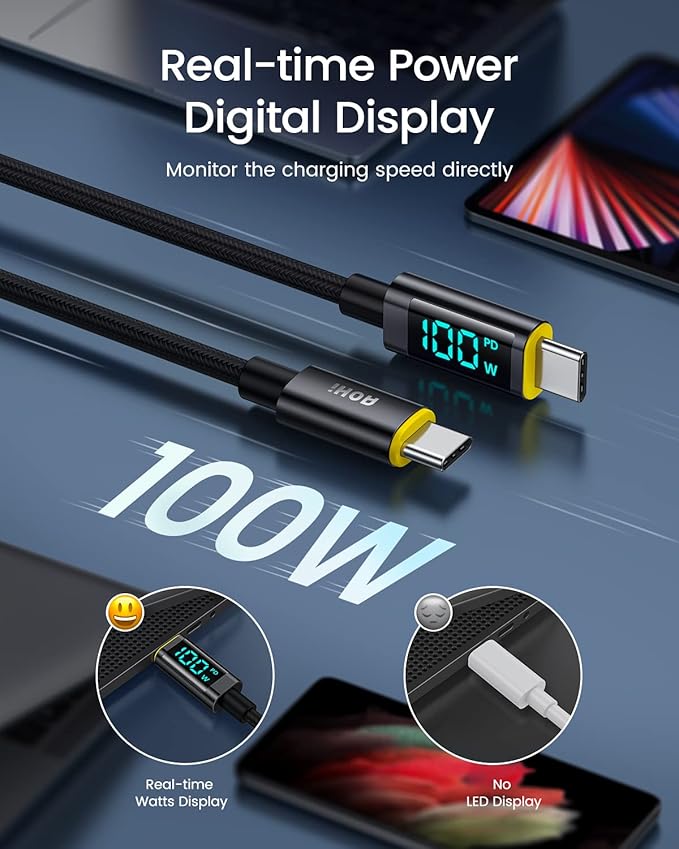 AOHI 100W USB C Charger GaN+, 2 Port Type C PD Wall Charger Foldable Power Adapter with 4ft USB C LED Display Cable for MacBook Pro/Air, iPad Pro, iPhone 15/14/13/12, Galaxy, Laptops, Black