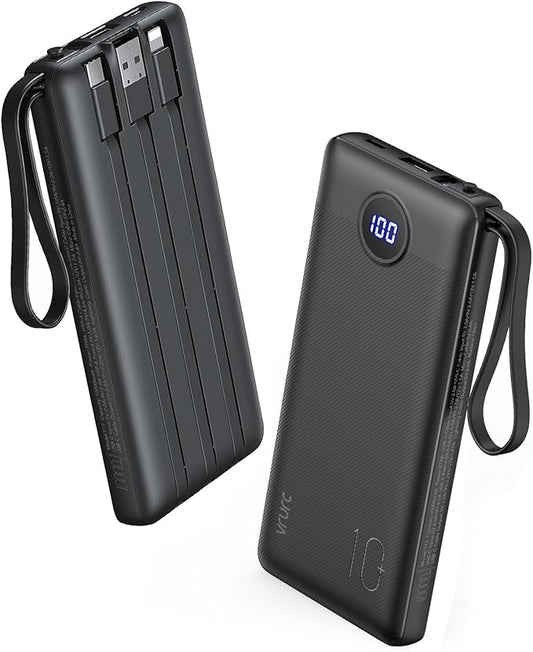 VRURC Portable Charger, 22.5W Power Bank 10000mAh, USB-C Cable in & Out Fast Charging Battery Pack, Compact Travel Essential 4 Outputs 3 Inputs for iPhone 16 15 14 13,Samsung, Android etc-Black