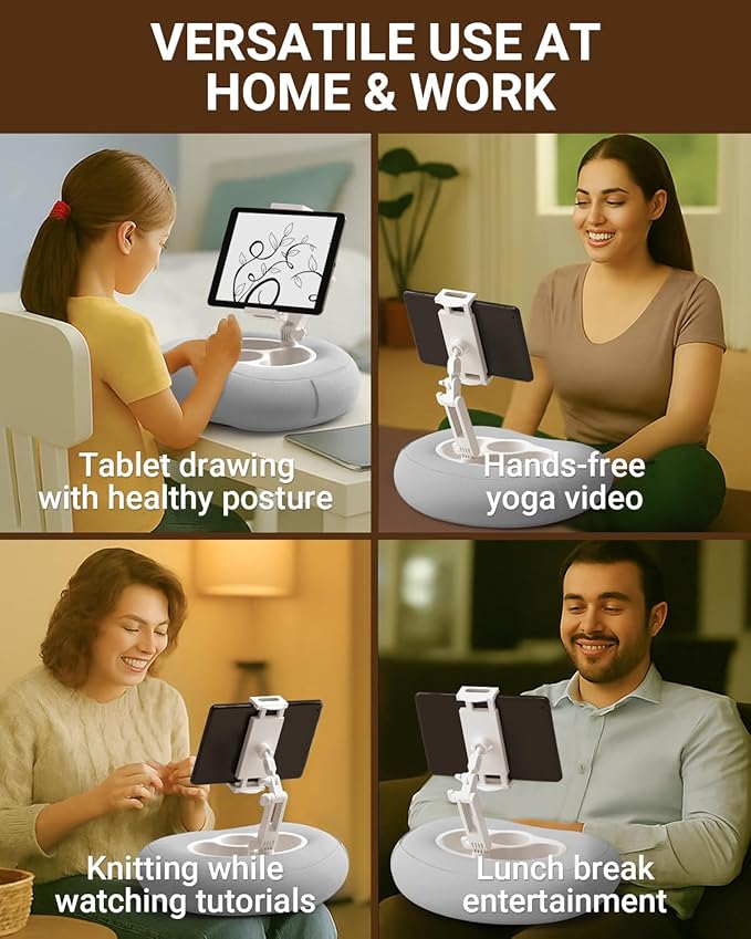 Kindle Pillow Stand for Bed, Adjustable Tablet & Phone Holder for iPad, Kindle, Couch – Snack & Drink Holders, 50 Disposable Liners & Washable Pillow Cover (Grey)