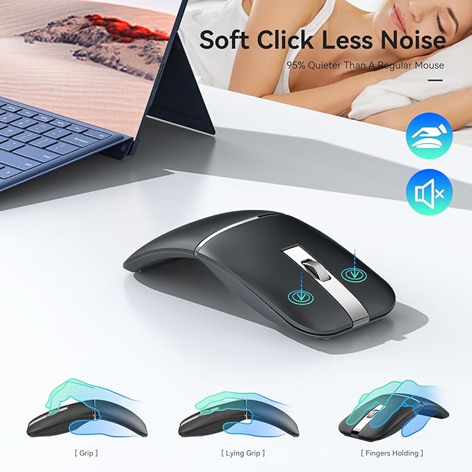 Foldable Bluetooth Travel Mouse, Rotatable Wireless, 2.4G Rechargeable With USB Receiver, Compatible for Computer, Laptop, Notebook, PC (Black)
