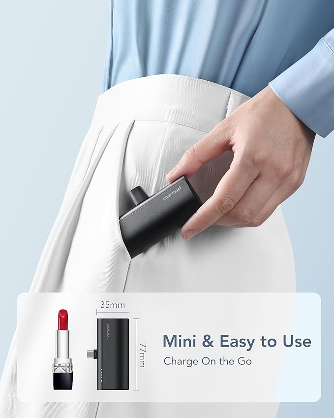 charmast Portable Charger USB C for iPhone 17/16/15, 5000mAh Fast Charging Battery Pack with Built-in Type-C Connector, 20W Mini Power Bank for iPhone 17/16/15 Series, Samsung S22/23 Series, and More