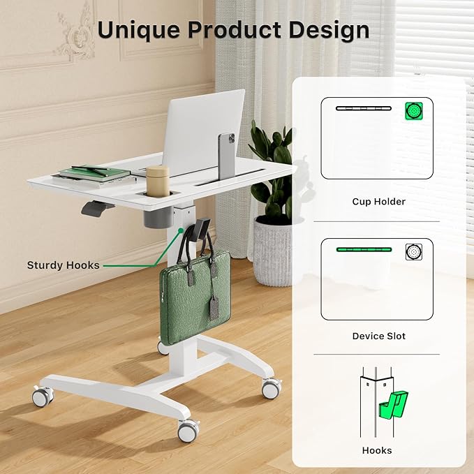 Glass Mobile Standing Desk, Height Adjustable Rolling Laptop Table, 27 inches Portable Sit Stand Desk with Wheels and Hook, Pneumatic Computer Workstation, White