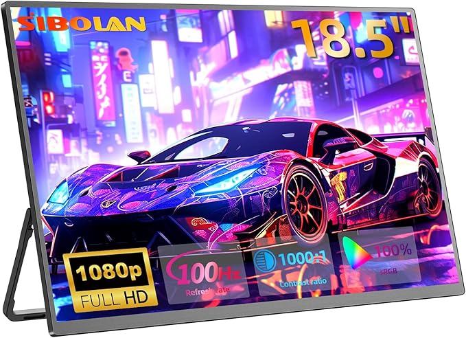 18.5” 100Hz Portable Monitor FHD 1080P IPS Screen 100% sRGB Aluminum Alloy Shell,Built-in Stand,HDMI/USB-C,for Gaming,Laptop,PC,Mac,Phone,Switch,Xbox