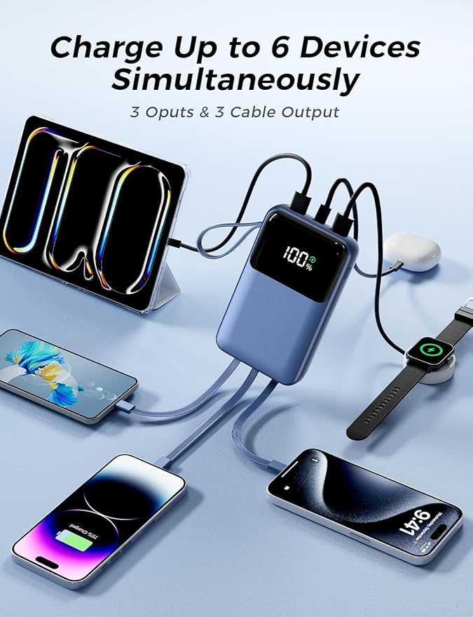 Power Bank, 15000mAh Portable Charger with Built in Cable, 22.5W Fast Charging, 6 Outputs, Slim Travel Essential Battery Pack with LED Display, Compatible with iPhone 16/15/14/13, Samsung, iPad, etc
