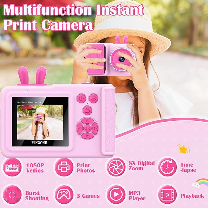 YINOCHE Kids Camera Instant Print, Camera for Kids with Printable Photos, Toddler Camera Toys for Children Ages 3-14, Digital Camera Birthday Gifts for Girls (Pink)