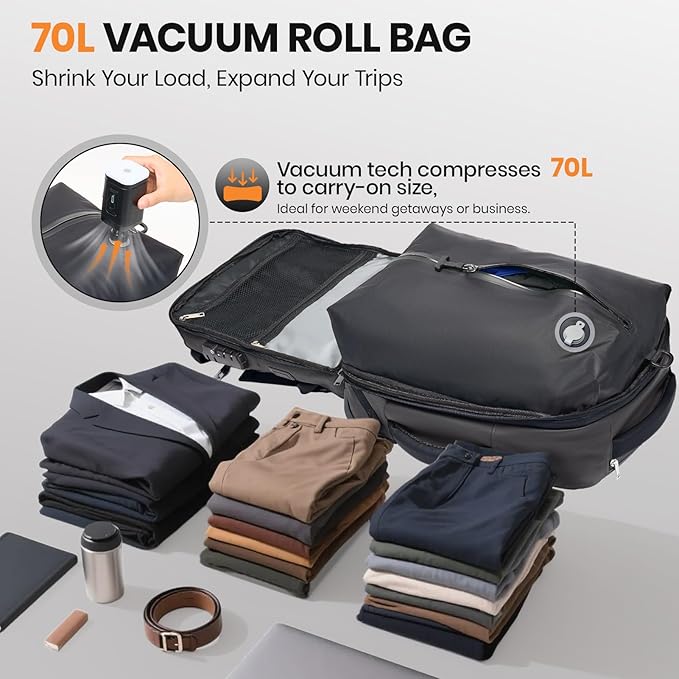 Fanwoli Vacuum Rolling Travel Backpack, Carry On Luggage with TSA Lock & Anti Theft Zipper, 70L Expandable Airback with Compression Pump, Waterproof Laptop Bag Ideal for Flight & Business,Grey