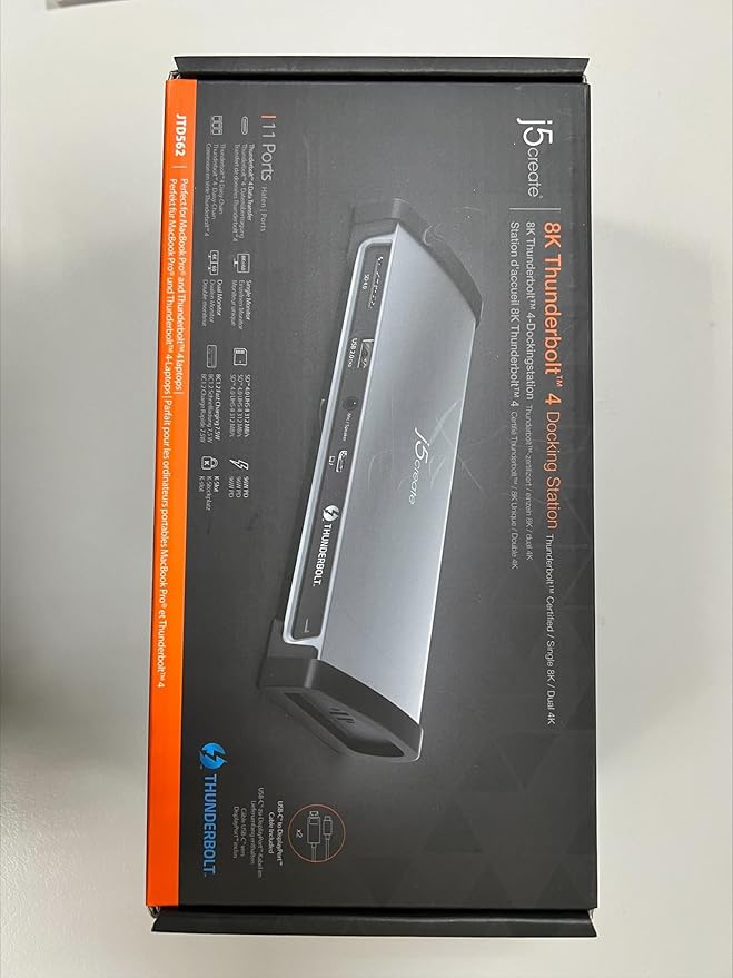 j5create 8K Thunderbolt 4 Docking Station with Max 96W Charging, Single 8K60 or Dual 4K60 Display, Thunderbolt 4 40Gbps, USB 10Gbps, Gigabit Ethernet, SD 4.0, Audio Combo (JTD562)