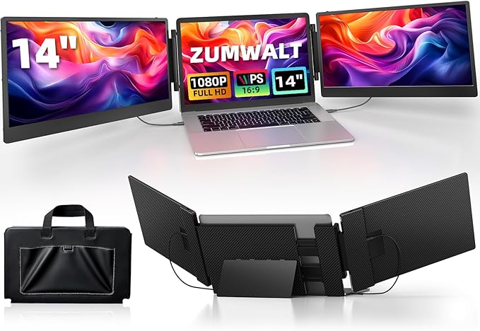 ZUMWALT Laptop Screen Extender, 14" Triple Portable Monitor for Laptop, 1080P FHD Screen Extender Monitors for 13"-16.5", Monitor Extender for MacOS/Windows/Chrome (Built-in Speakers)