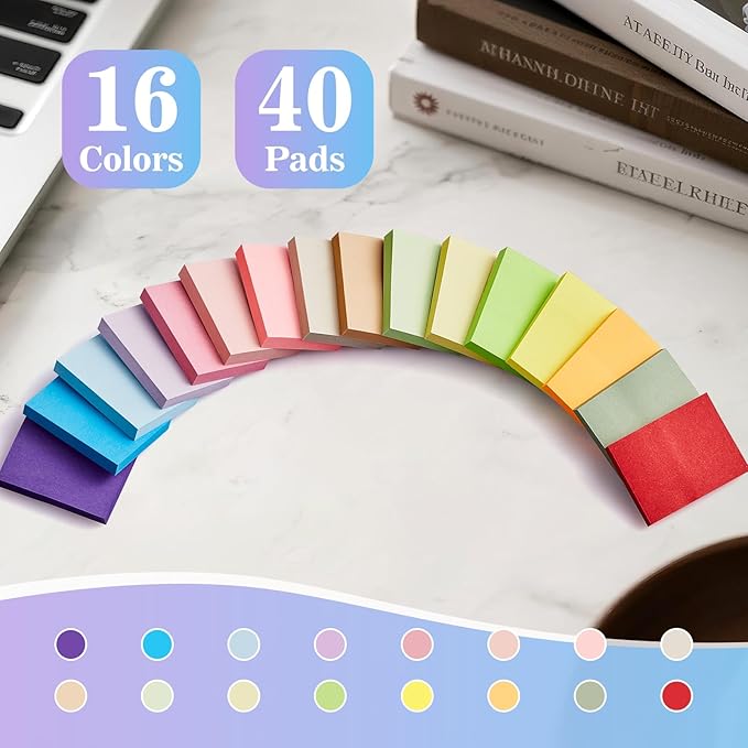 (40 Pads) Sticky Notes 1.5x2 in, 16 Colors Post Self Stick Pad Its, Clean Removal Colorful Mini Pads Bulk for Office, Home, School,Teachers, Meeting, Notebooks