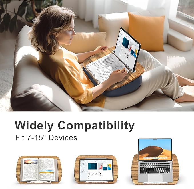 Beanbag Pillow Stand With 6500K Reading Light, Hands Free Holder, Comfortable Lap Stand for Reading in Bed, Desk, or Sofa, Wooden Rest for Book Lovers, AAA Battery Required