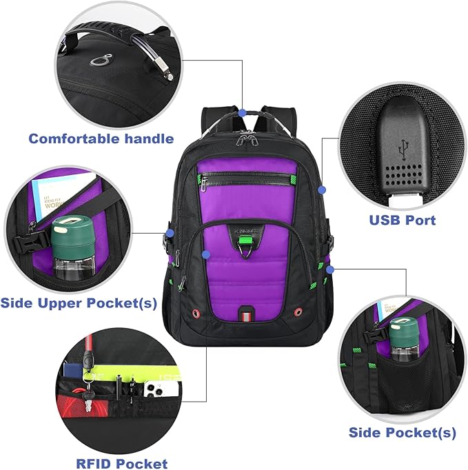 Z-MGKISS Extra Large Laptop Backpack, Water-Resistant 18.4-19 Inch Travel Backpack for Men & Women - Stylish Purple School Bag with USB Charging Port and Multiple Compartments