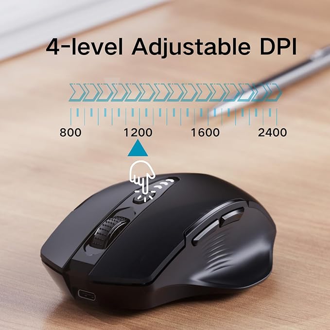 Wireless Bluetooth Mouse,[Upgraded] Rechargeable (BT 5.0/4.0+2.4G Hz),Computer Mouse with Visible Battery Level, 4 Adjustable DPI, Portable PC Mouse for MacBook Chromebook,Black