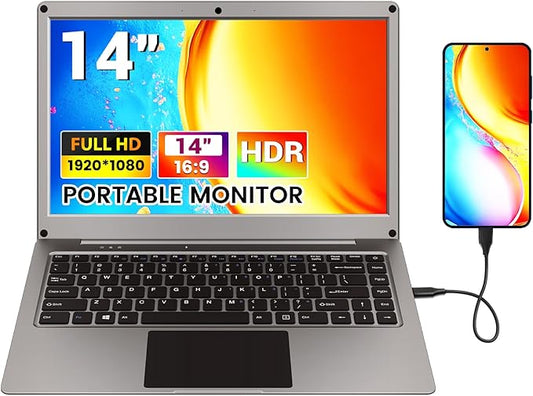Portable Monitor with Keyboard,14inch 1080P FHD Lapdock Compatible with Raspberry Pi/Mini PC/Phone/PC/Game Console,CrowView Note Built-in Battery(Full Feature TypeC & HDMI Cable Included)