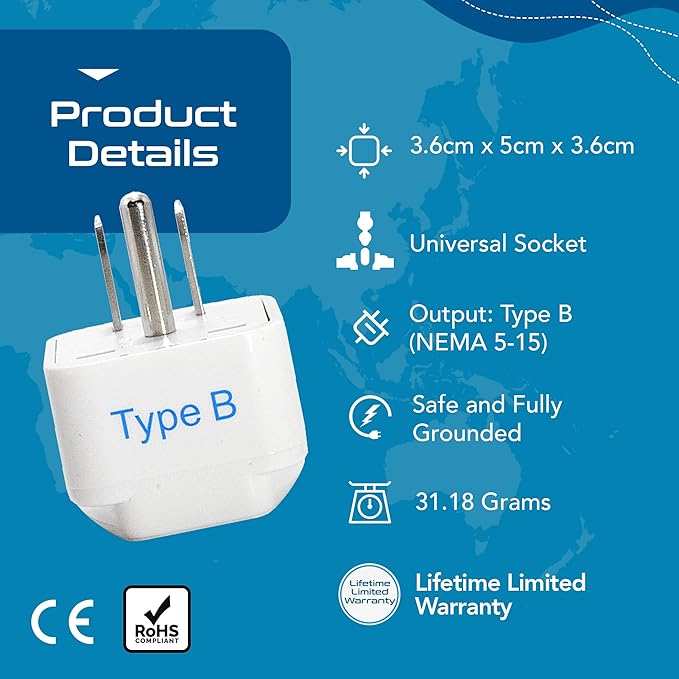 Ceptics Europe to US plug adapter, Type B USA Plug adapter compatible with plugs from Europe, India, and other countries - India to USA plug adapter is CE Certified & RoHS Compliant, White, 3 Pack