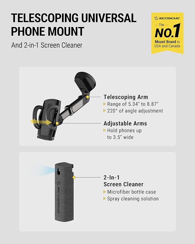 Scosche UH2WDEXCLN Universal Hands Free Phone Mount for Car Windshield/Dashboard, Suction Cup Cell Phone Holder with 360° Rotation, Includes Screen Cleaner, Stand Compatible with iPhone and Android