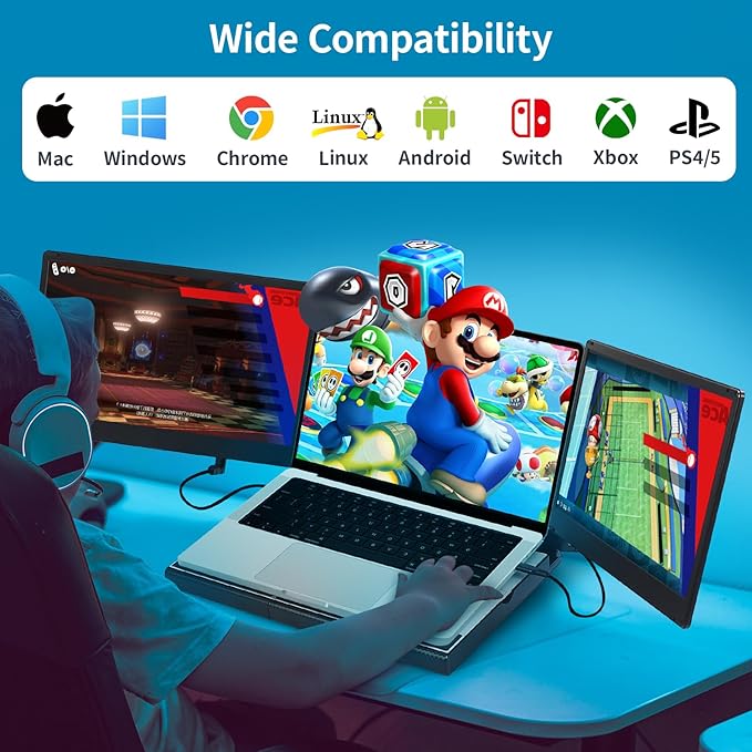 Laptop Screen Extender, Ultra-Thin 14.2" FHD IPS Dual Screen, Portable Monitor for Laptop 13–17.3" with USB-C/HDMI Port, Plug & Play for Windows/Mac/Android/PS5