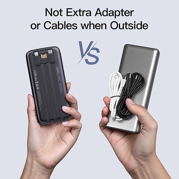 2025 2-Pack 12800mAh Portable Charger with Built in Cables, Travel Essential Battery Pack, 4 Outputs 2 Inputs Slim Power Bank with Cord Wires for iPhone 16/15/14, Samsung Galaxy S23/22, Pixel etc