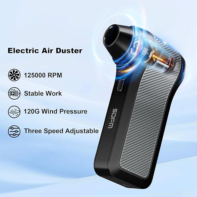SDFM Compressed Air Duster, 125000RPM Electric Air Duster with Brushless Motor, Contains Multiple nozzles, for Cleaning Keyboard & PC. 3 Adjustable Gears, Rechargeable mini Blower for Car Detail