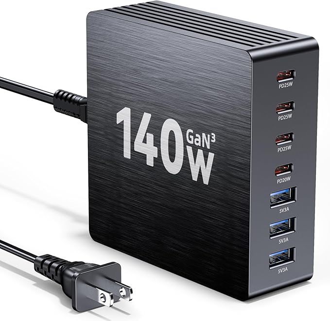 140W USB C Charger Block, GaN III 7 Port Fast Charging Station, PD 3.0 USB Wall Charger for Multiple Devices, Portable Power Strip Laptop Charging Hub Travel Adapter for iPad iPhone Samsung Android