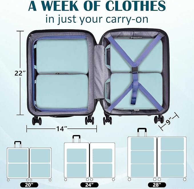 Large Compression Packing Cubes for Travel, 2 Set Compression Bags Travel Cubes for Packing Suitcase Luggage Organizer, Blue