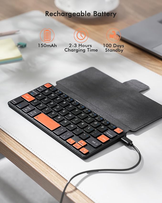Doohoeek Universal Bluetooth Mini Keyboard, Wireless Compact Keyboard with Orange Navigation Keys & Any-Angle Stand for Android/iOS/Windows, Dual-Device Keypad for Phones/Galaxy Z Fold/iPad mini