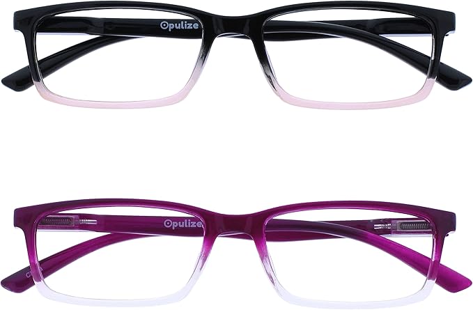 OPULIZE SEE Reading Glasses with Blue Light Blocking for Women and Men, Narrow Frame, Spring Hinges, Computer Gaming Glasses, Black to Pink,Purple +2.5 (Pack of 2)