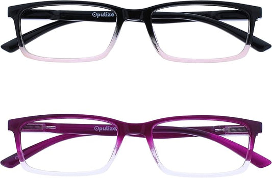OPULIZE SEE Reading Glasses with Blue Light Blocking for Women and Men, Narrow Frame, Spring Hinges, Computer Gaming Glasses, Black to Pink,Purple +2.5 (Pack of 2)