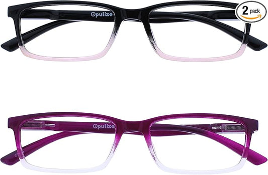 OPULIZE SEE Reading Glasses with Blue Light Blocking for Women and Men, Narrow Frame, Spring Hinges, Computer Gaming Glasses, Black to Pink,Purple +0 (Pack of 2)